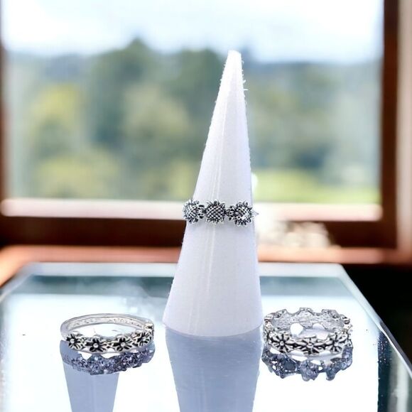 3 pc Set Stackable Gypsy Boho Knuckle Rings Sunflower Floral Silver Zinc Alloy - Picture 4 of 6